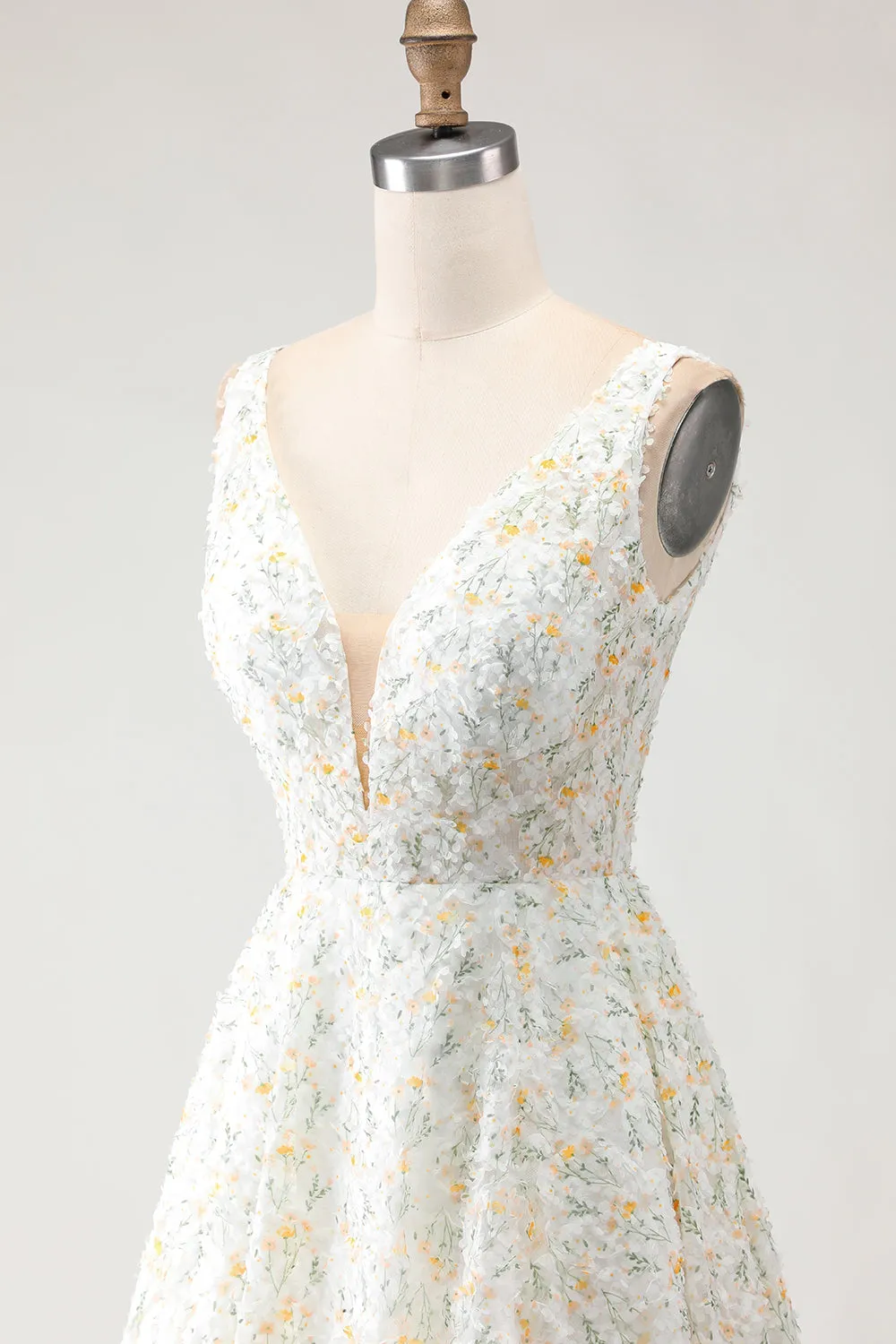 White Yellow Floral A Line V Neck Open Back Long Prom Dress with 3D Flowers sold by Zapaka product image thumbnail 5