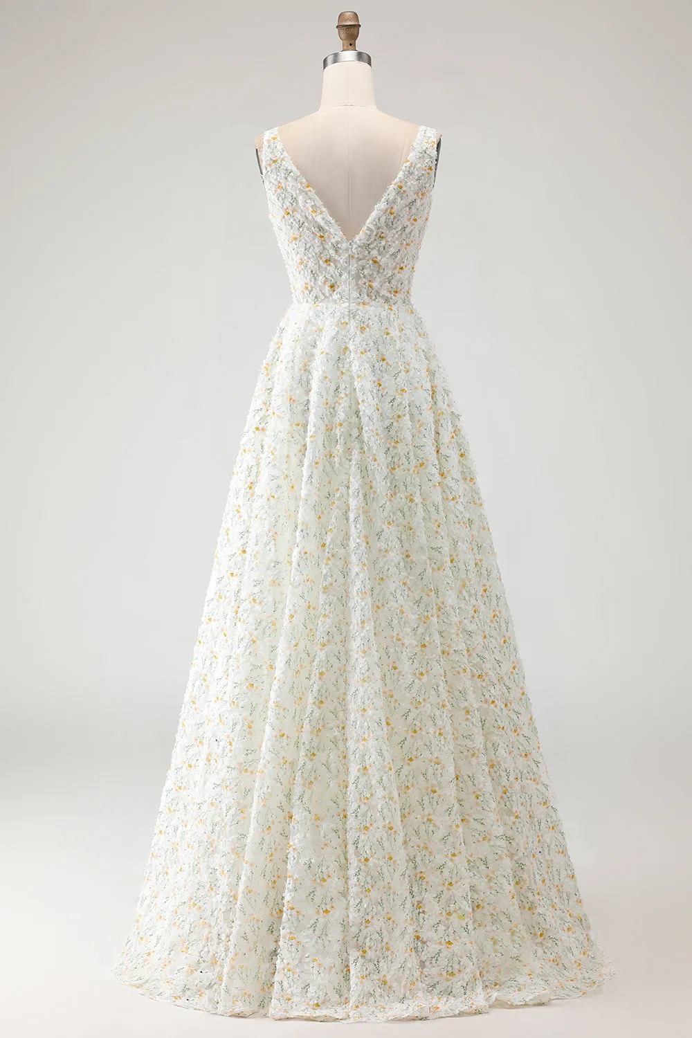 White Yellow Floral A Line V Neck Open Back Long Prom Dress with 3D Flowers sold by Zapaka product image thumbnail 2