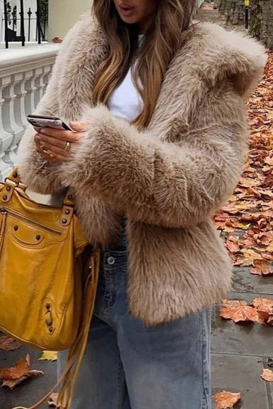 Khaki Hooded Faux Fur Short Women Coat sold by Zapaka