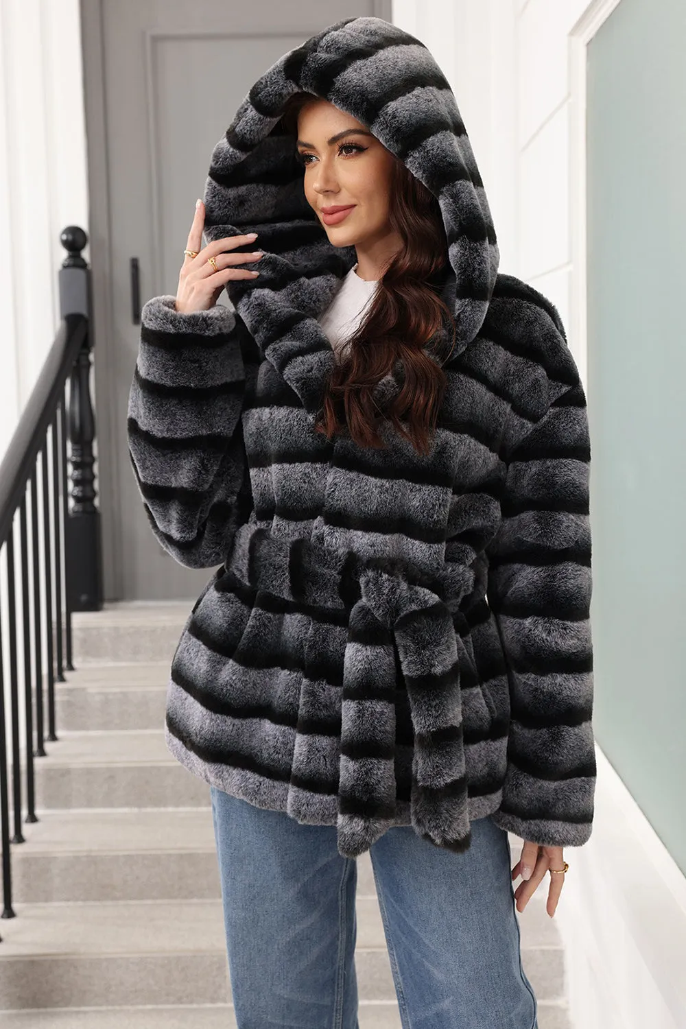 Hooded Faux Fur Steel Grey Thickened Women Coat sold by Zapaka product image thumbnail 4