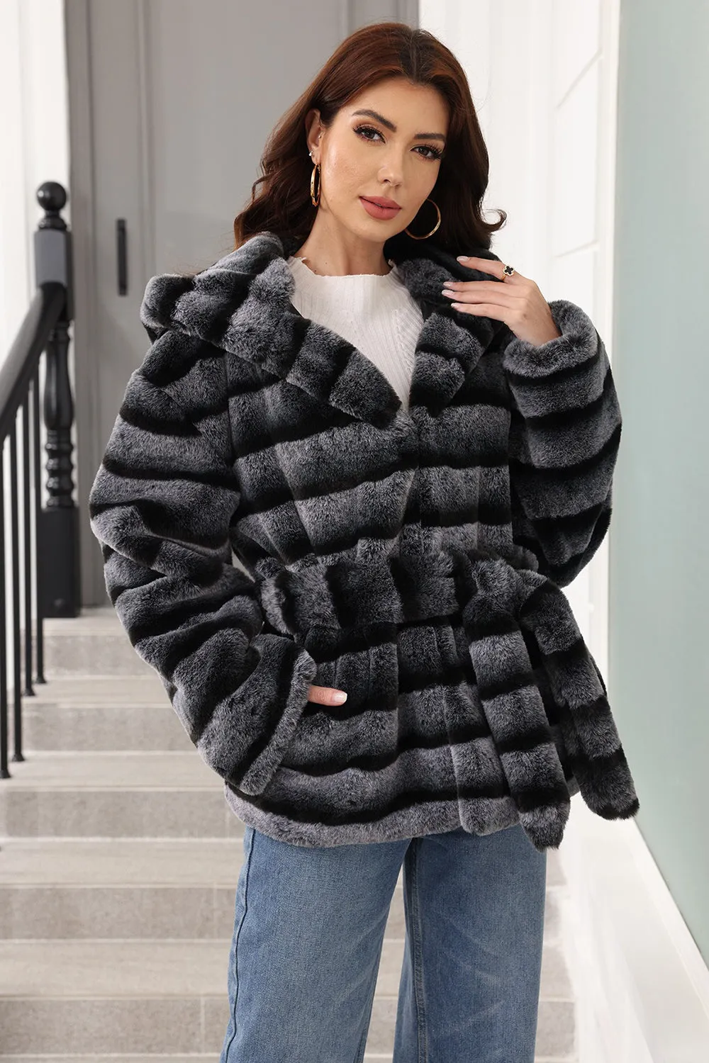 Hooded Faux Fur Steel Grey Thickened Women Coat sold by Zapaka product image thumbnail 5