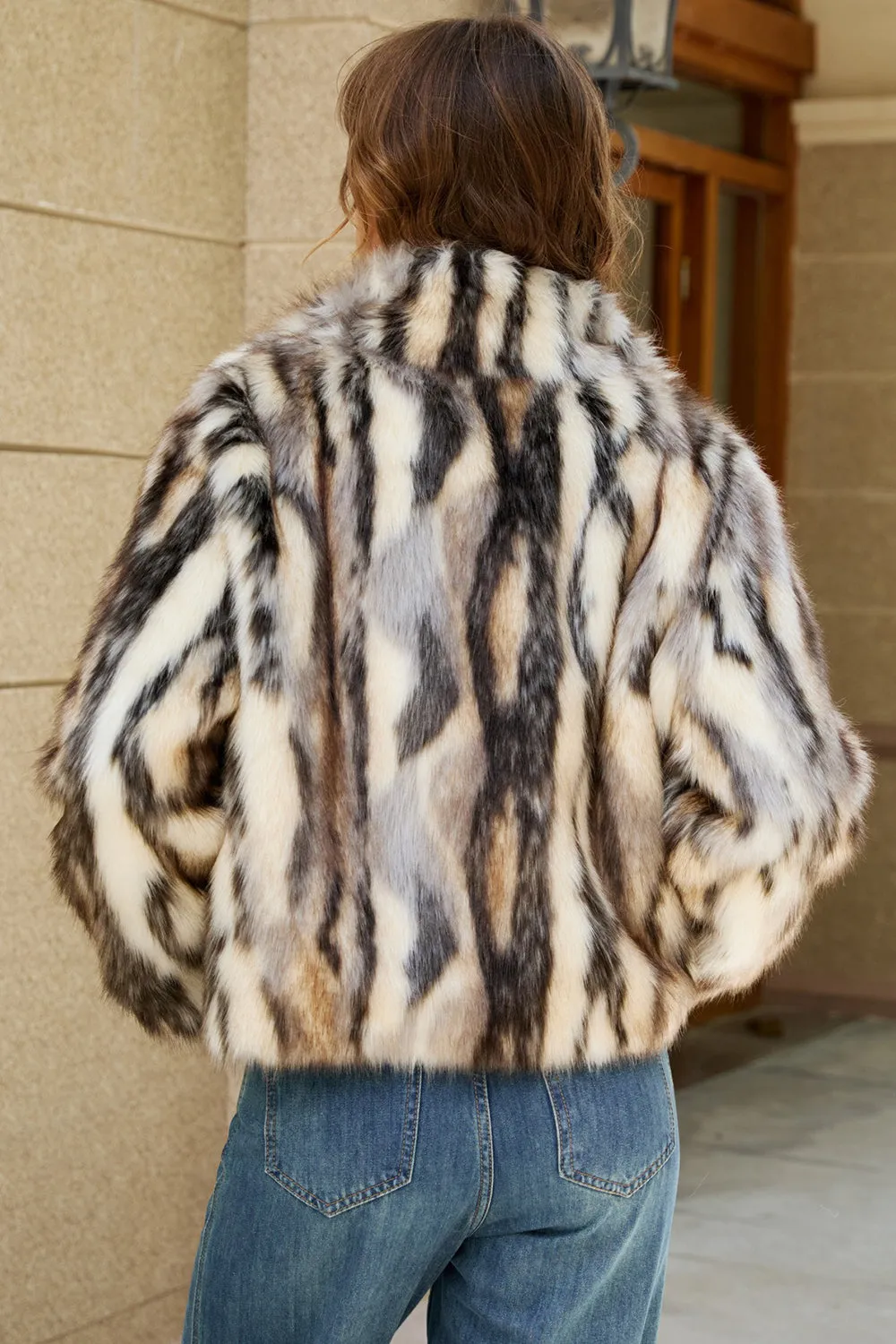 Black Striped Faux Fur Stand Collar Women Coat sold by Zapaka product image thumbnail 2