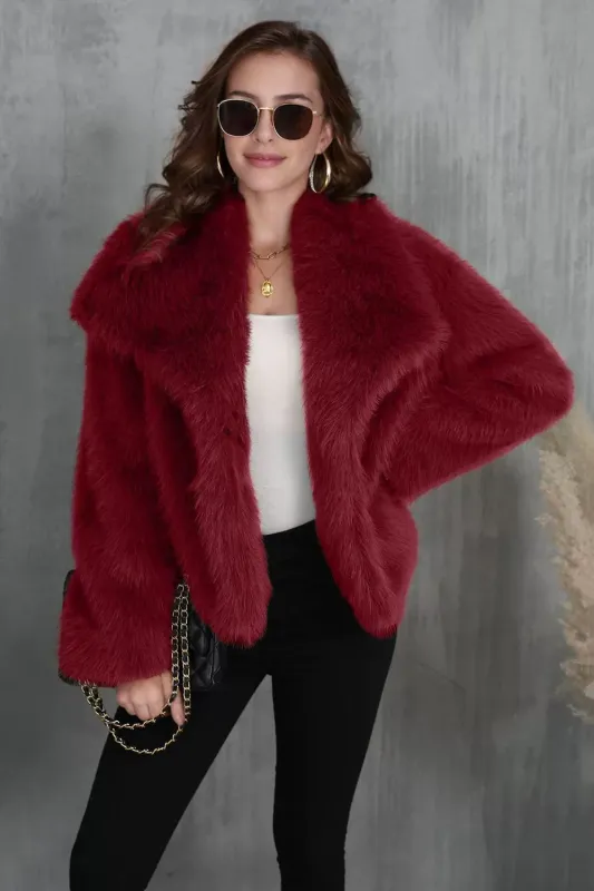 Burgundy Faux Fur Long Sleeve Shawl Lapel Women Winter Coat sold by Zapaka