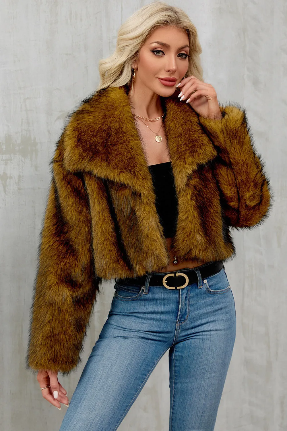 Brown Faux Fur Shawl Lapel Women Short Winter Coat sold by Zapaka