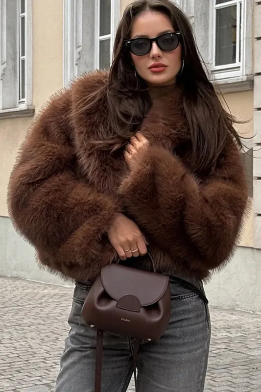 Brown Shawl Lapel Faux Fur Women Short Winter Coat sold by Zapaka