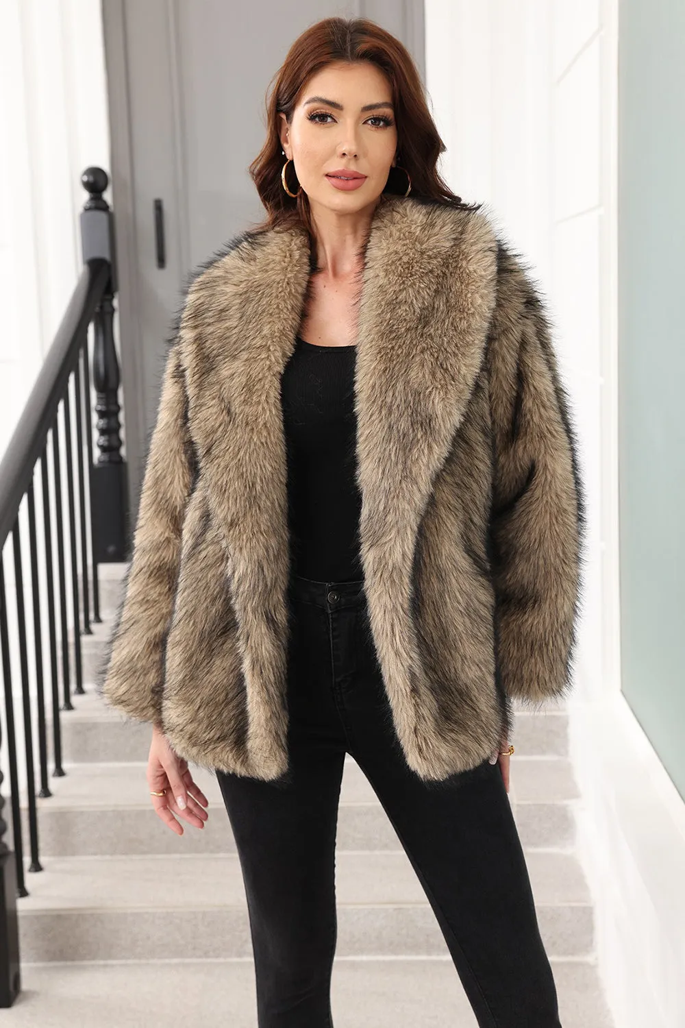 Coffee Faux Fur Shawl Lapel Women Coat with Belt sold by Zapaka product image thumbnail 4