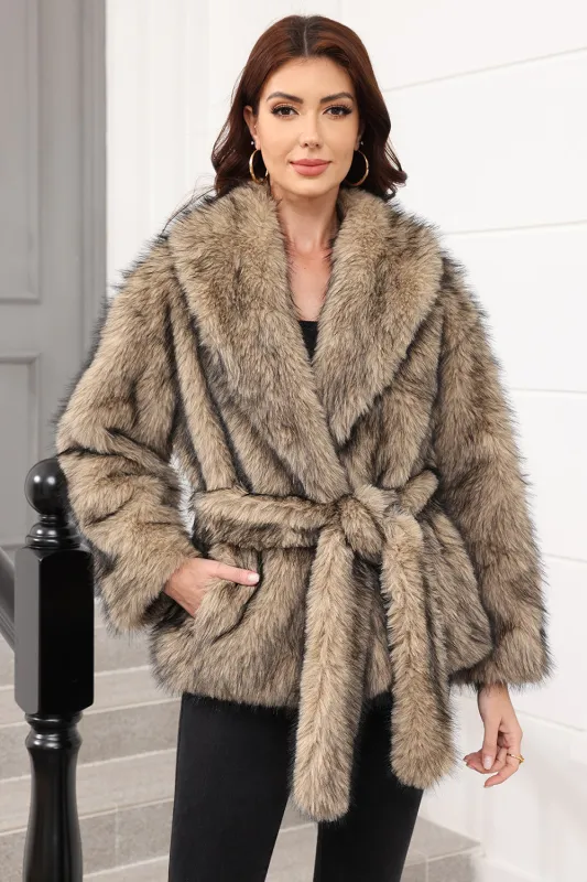 Coffee Faux Fur Shawl Lapel Women Coat with Belt sold by Zapaka