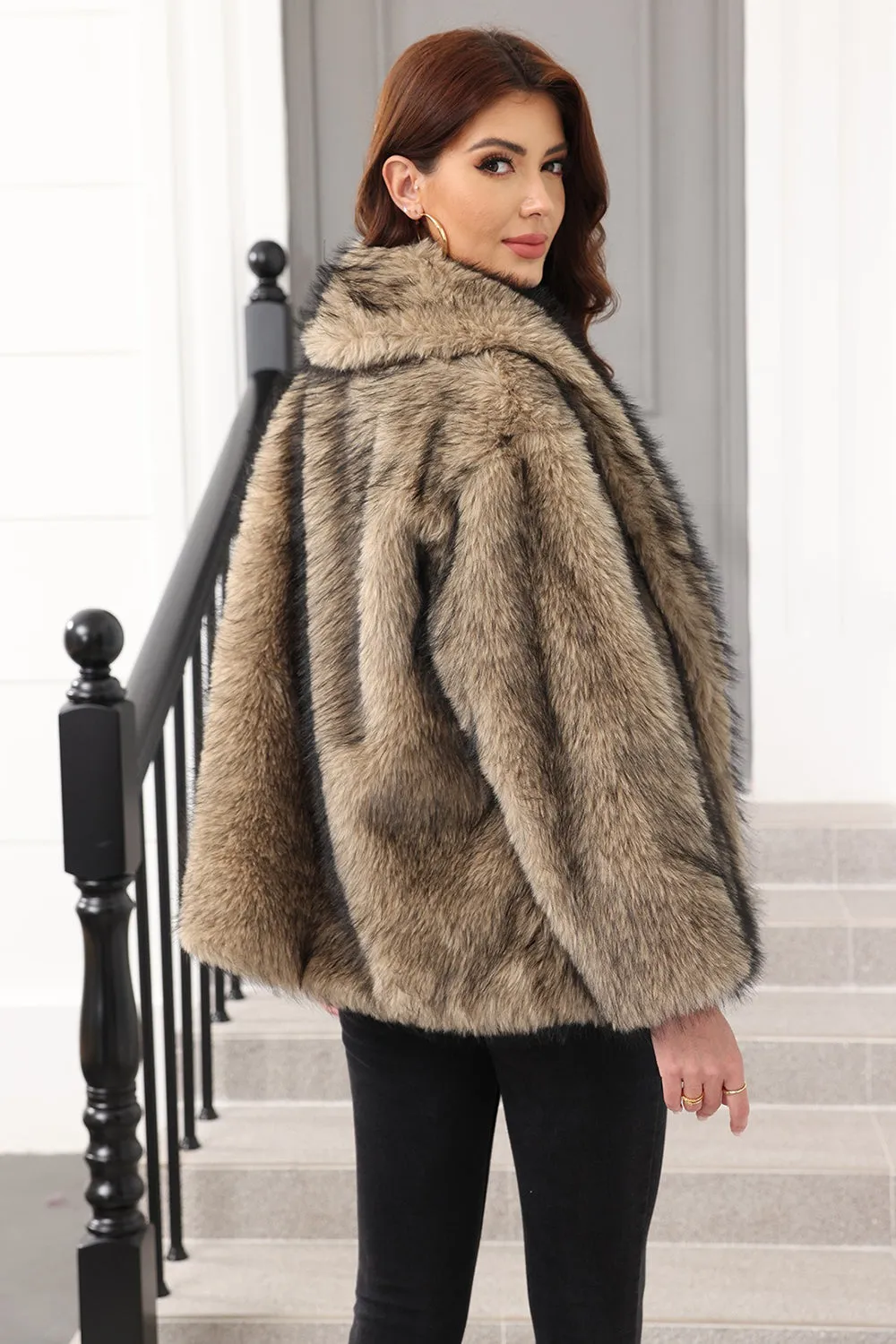 Coffee Faux Fur Shawl Lapel Women Coat with Belt sold by Zapaka product image thumbnail 5