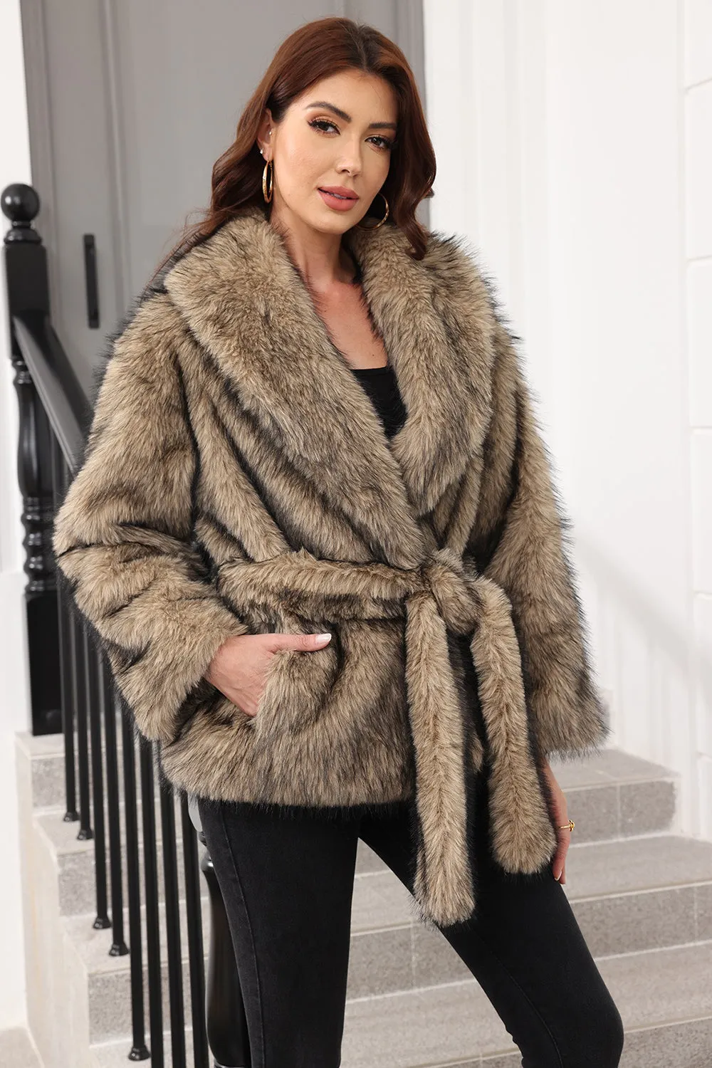Coffee Faux Fur Shawl Lapel Women Coat with Belt sold by Zapaka product image thumbnail 3