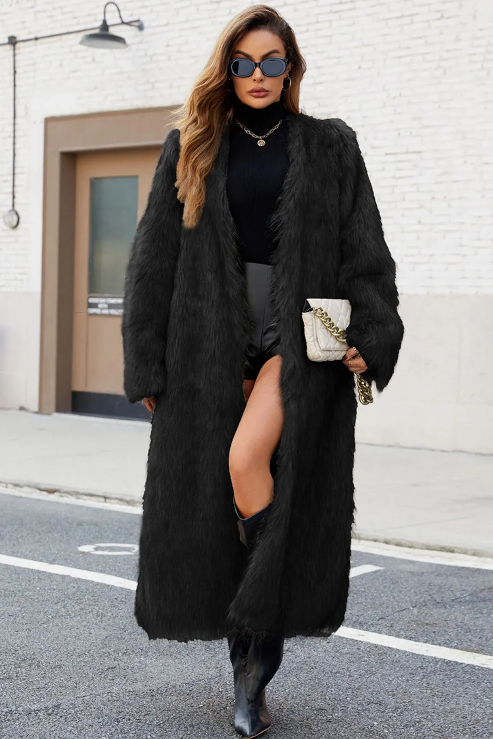 Black Faux Fur Women Long Winter Coat sold by Zapaka product image thumbnail 3