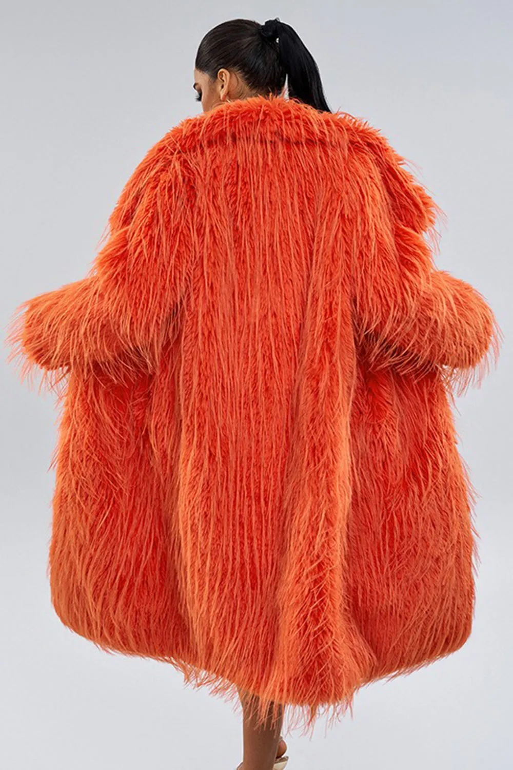 Orange Fluffy Faux Fur Open Front Long Women Coat sold by Zapaka product image thumbnail 2