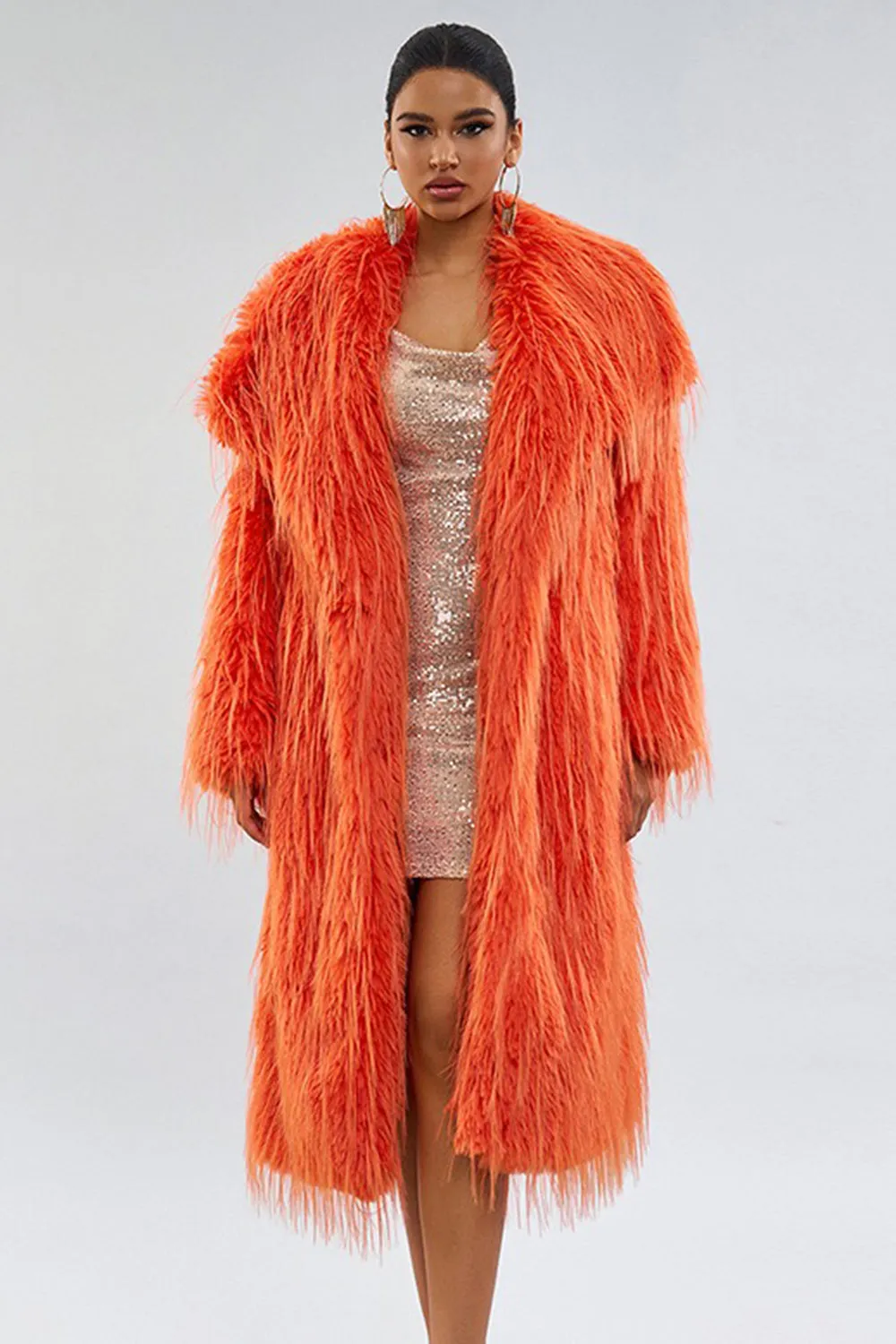 Orange Fluffy Faux Fur Open Front Long Women Coat sold by Zapaka product image thumbnail 3