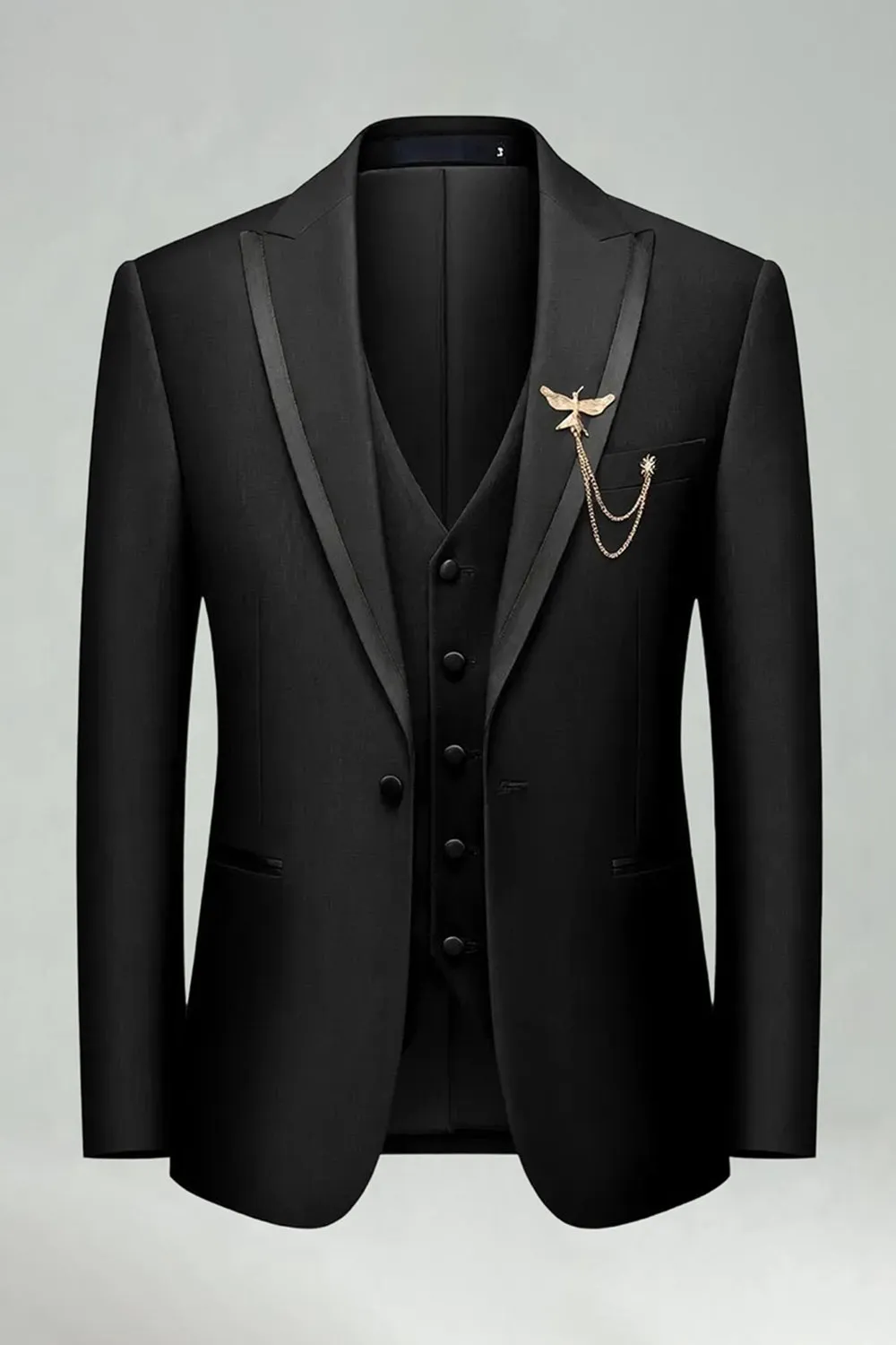 Black 3 Piece Peak Lapel One Button Men's Prom Suits sold by Zapaka