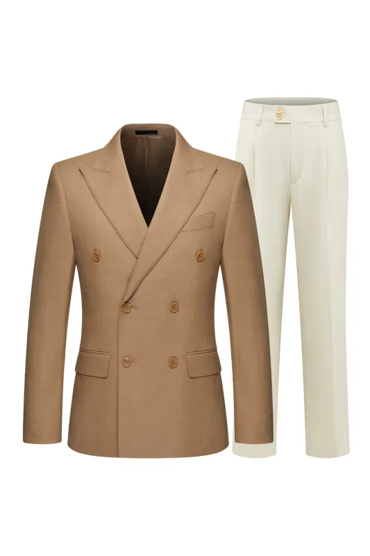 Khaki Peak Lapel 2 Piece Men's Formal Suits sold by Zapaka