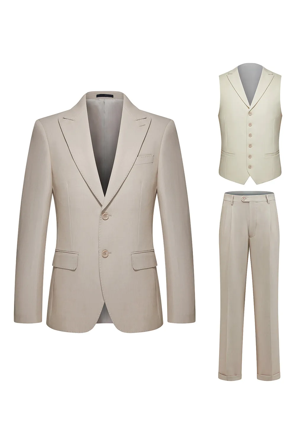 Khaki Peak Lapel 3 Piece Men's Formal Suits sold by Zapaka
