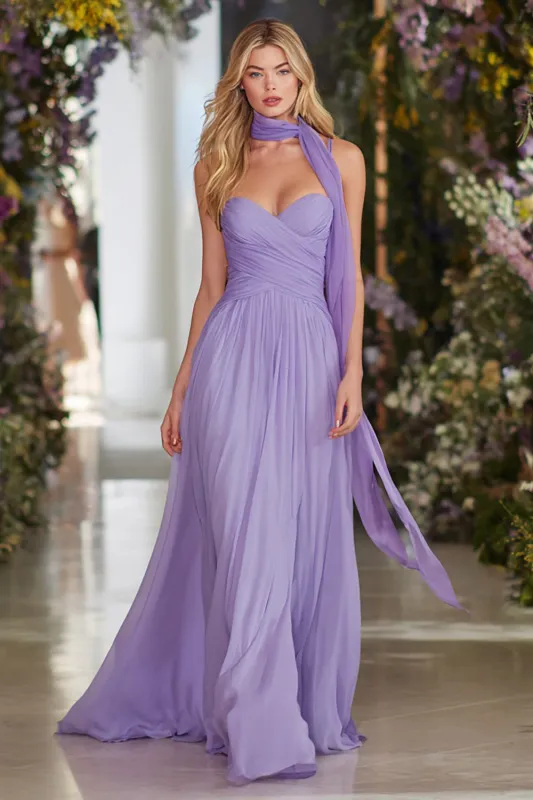 Lilac A Line Ruched Long Prom Dress with Streamer sold by Zapaka