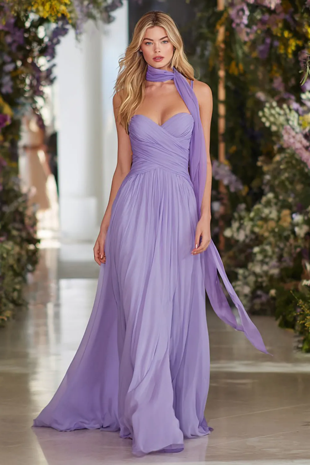 Lilac A Line Ruched Long Prom Dress with Streamer sold by Zapaka