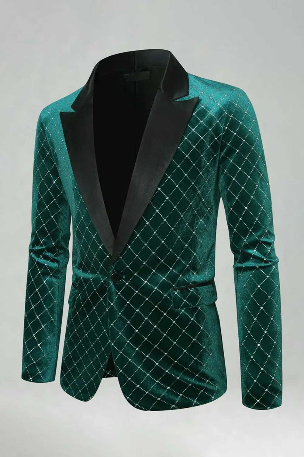Green Velvet Check Peak Lapel Men's Prom Blazer sold by Zapaka