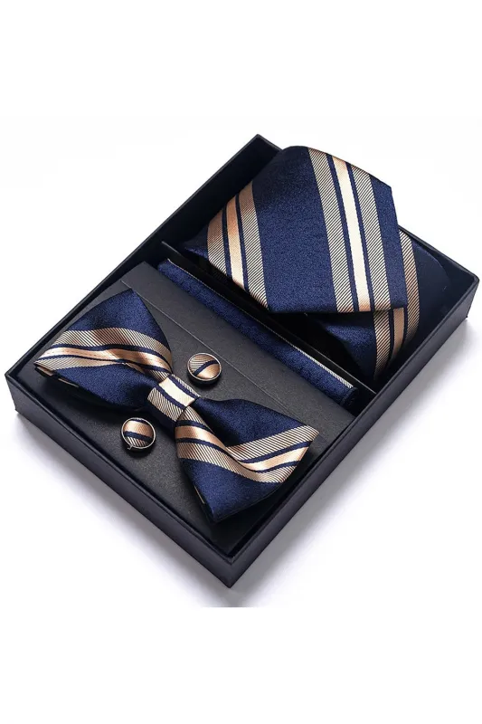 Classic Men's Formal Navy Gold Stripe Tie and Bowtie Set sold by Zapaka