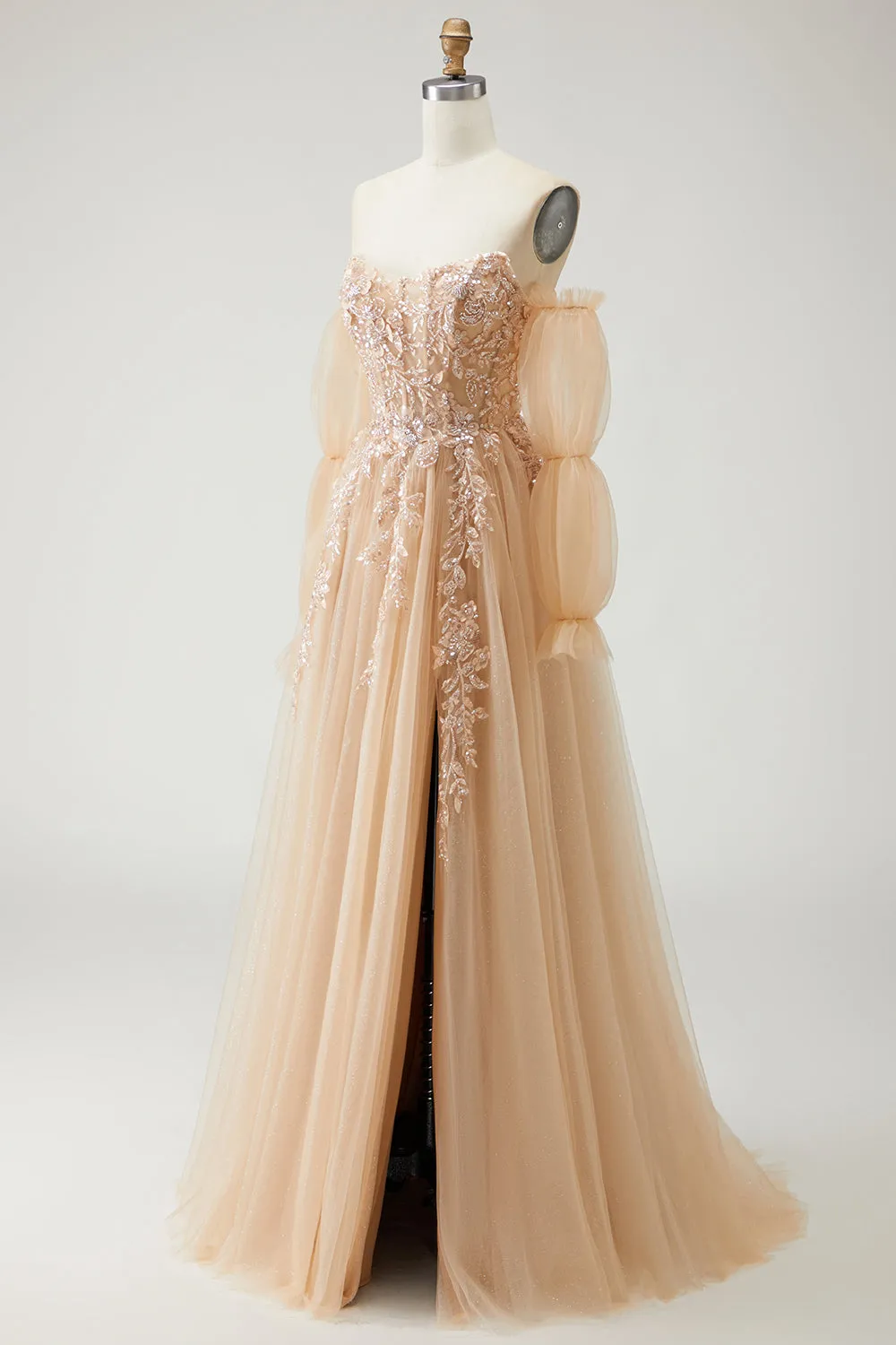 Champagne Strapless A Line Convertible Appliqued Long Prom Dress with Removable Sleeves sold by Zapaka product image thumbnail 3