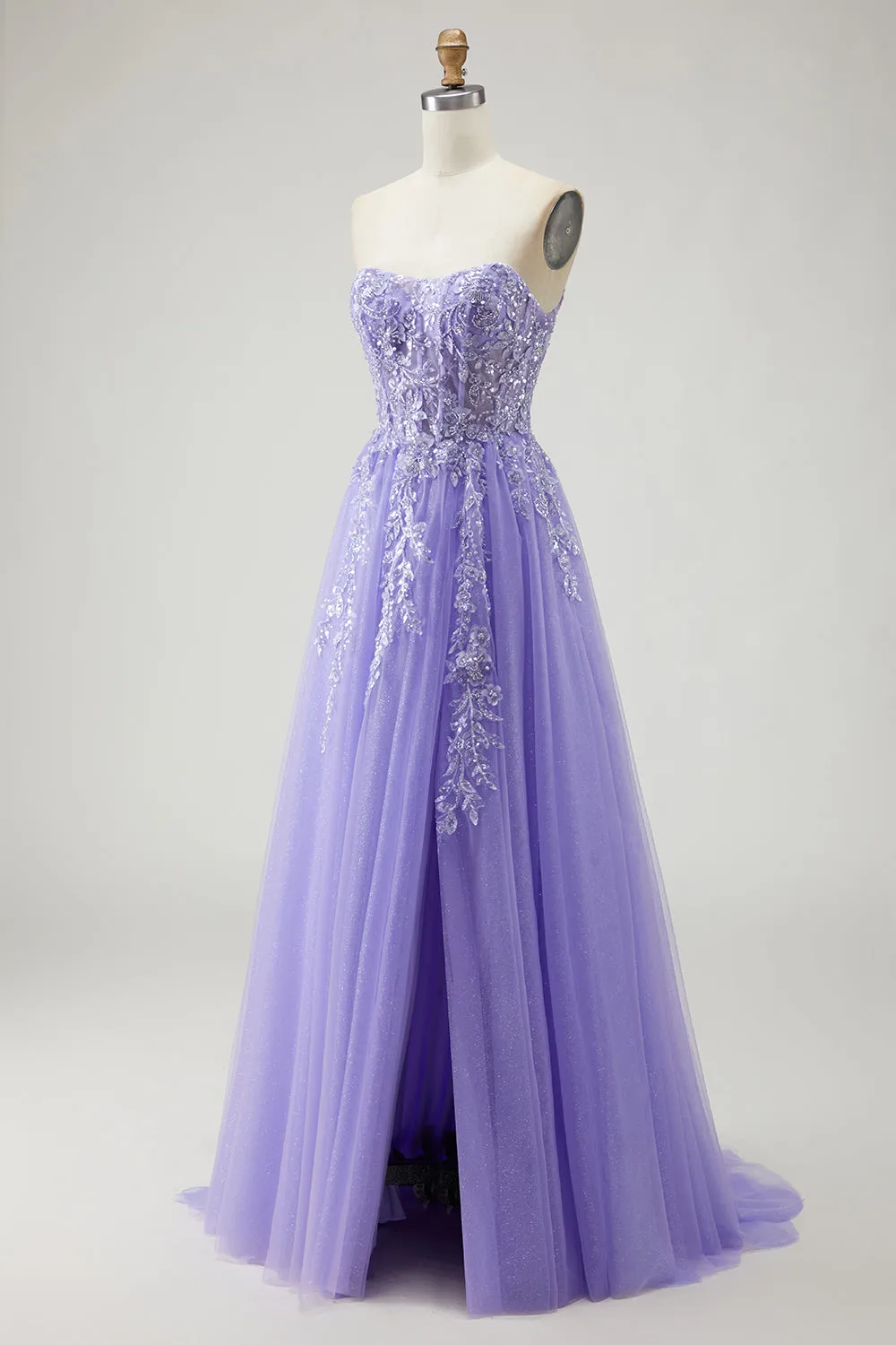 A Line Strapless Convertible Removable Sleeves Appliqued Long Purple Prom Dress with Slit sold by Zapaka product image thumbnail 3