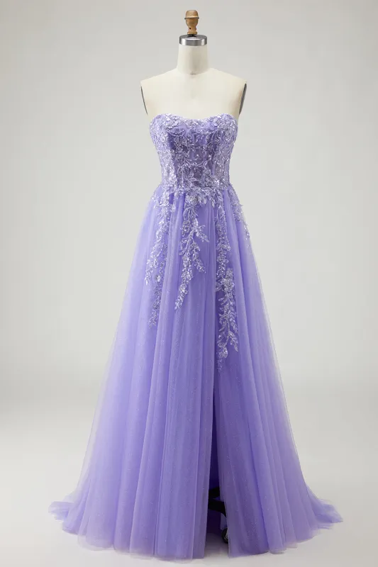 A Line Strapless Convertible Removable Sleeves Appliqued Long Purple Prom Dress with Slit sold by Zapaka