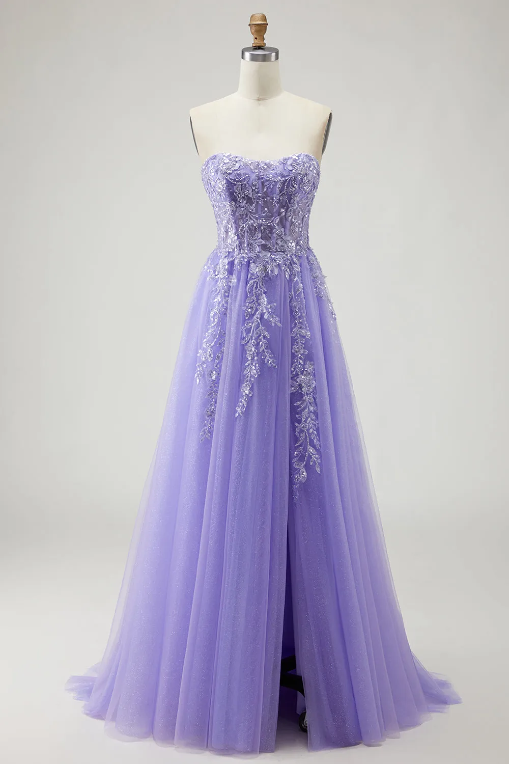 A Line Strapless Convertible Removable Sleeves Appliqued Long Purple Prom Dress with Slit sold by Zapaka