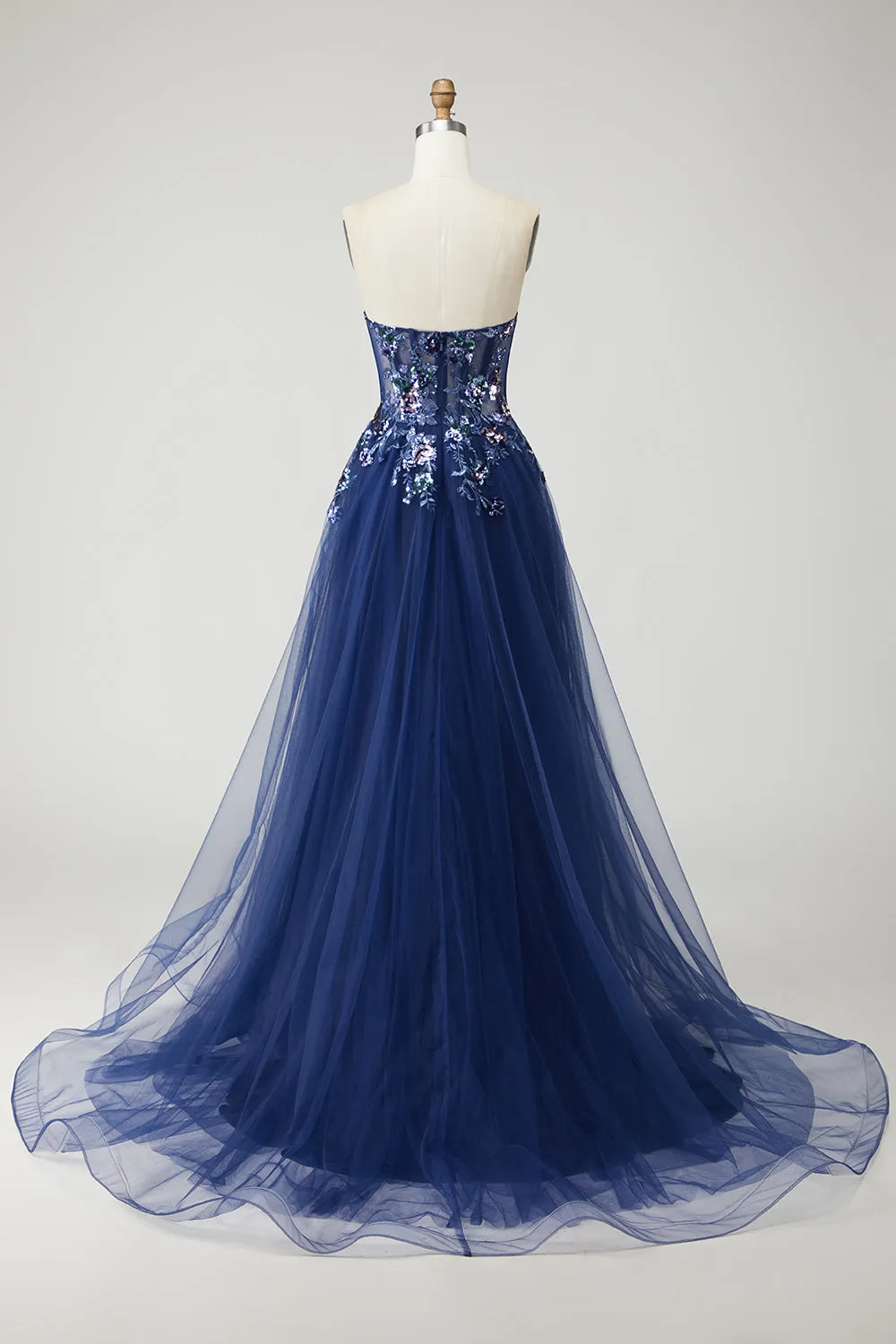 Navy Strapless A Line Sheer Corset Tulle Long Prom Dress with Sequins sold by Zapaka product image thumbnail 2