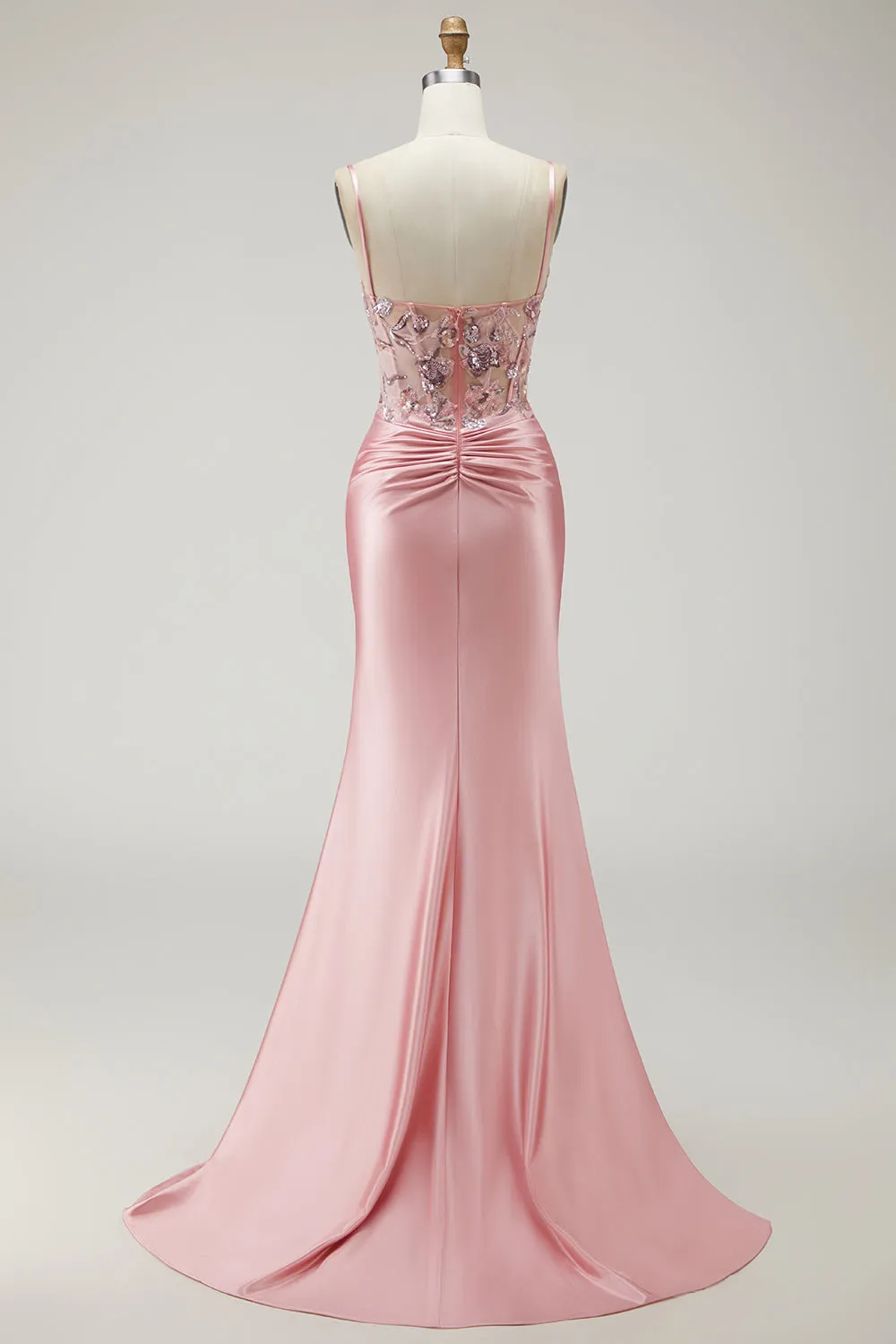 Blush Mermaid Spaghetti Straps Satin Sheer Corset Sequin Long Prom Dress with Slit sold by Zapaka product image thumbnail 2