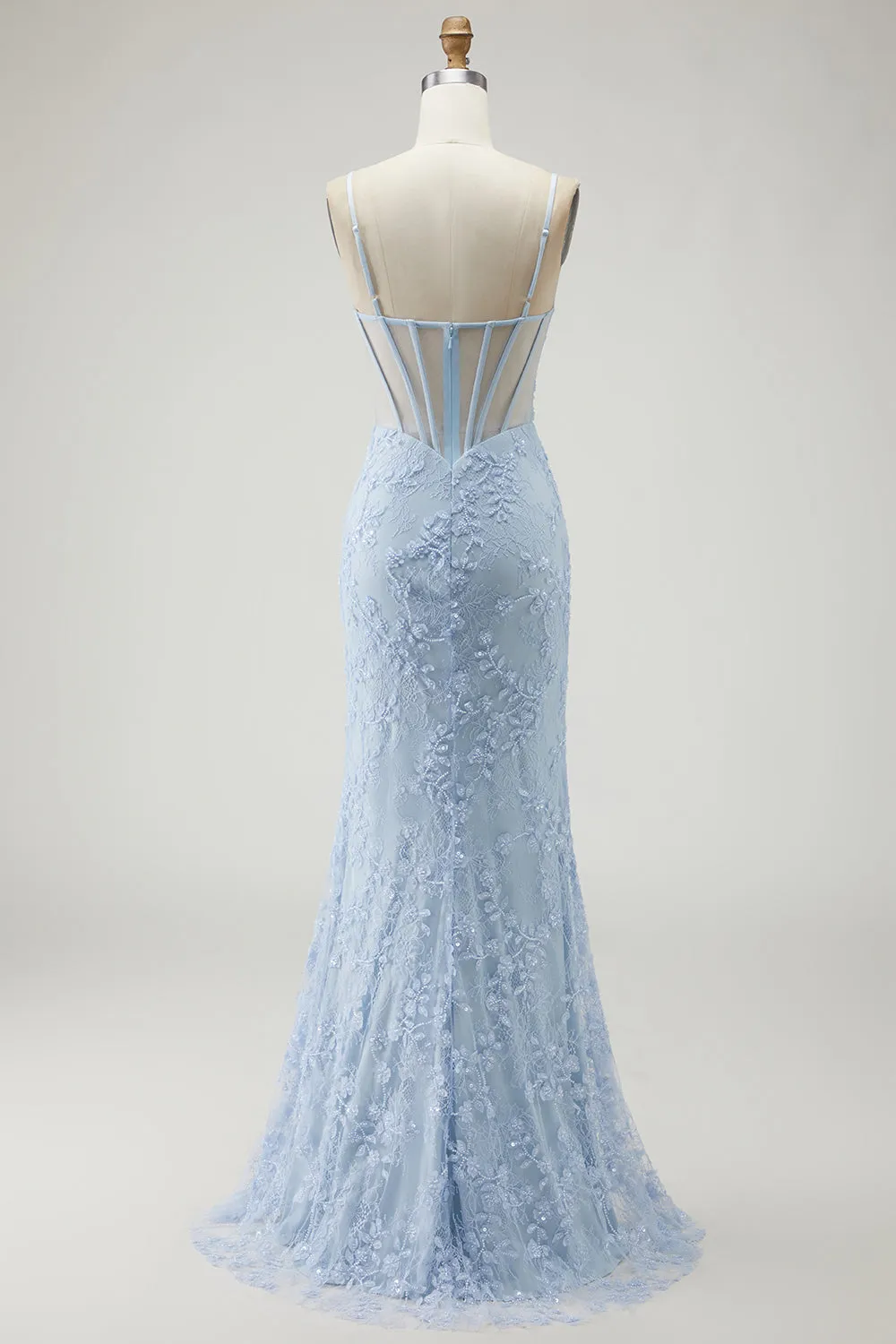 Blue Mermaid Appliqued Sheer Corset Lace Beaded Long Prom Dress with Slit sold by Zapaka product image thumbnail 2