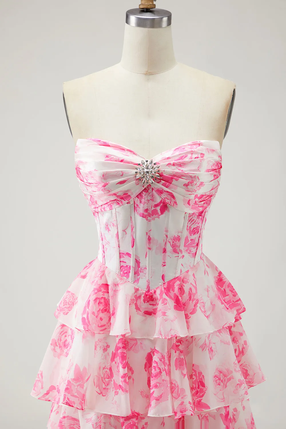 White Pink Floral A Line Strapless Corset Tiered Ruffle Long Prom Dress with Slit sold by Zapaka product image thumbnail 4