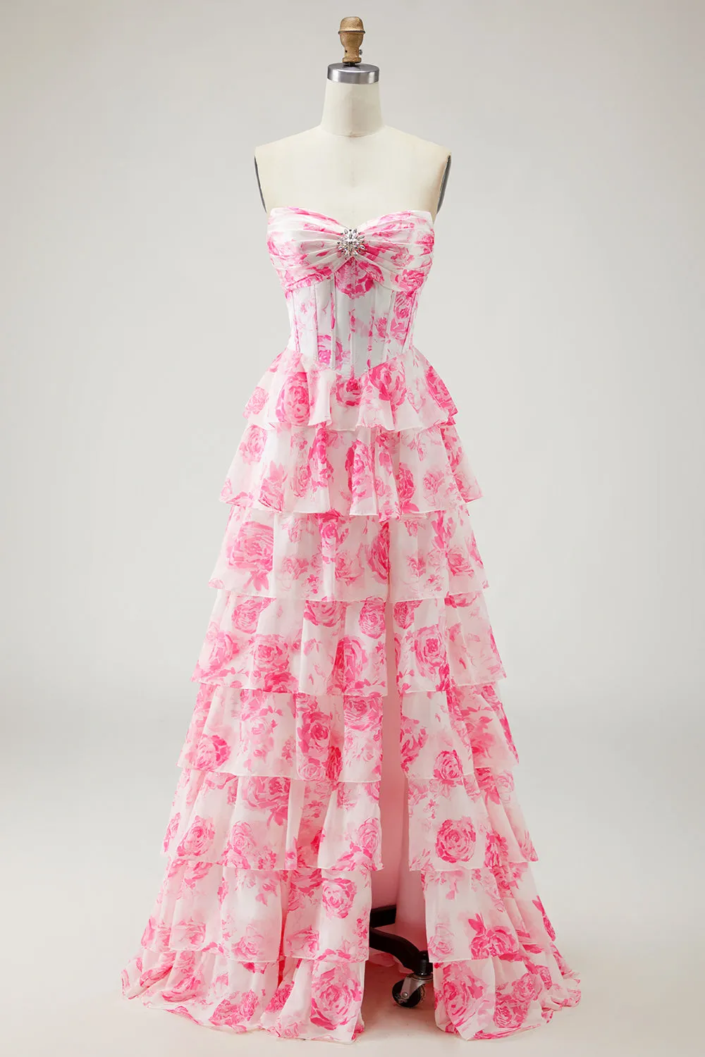 White Pink Floral A Line Strapless Corset Tiered Ruffle Long Prom Dress with Slit sold by Zapaka