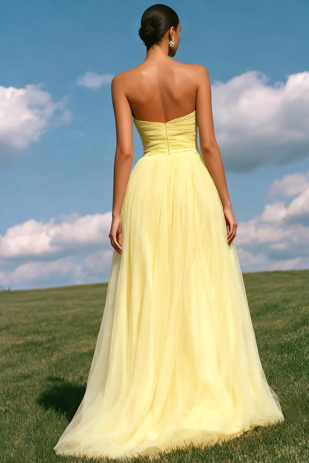 Strapless Light Yellow A Line Organza Long Prom Dress sold by Zapaka product image thumbnail 2