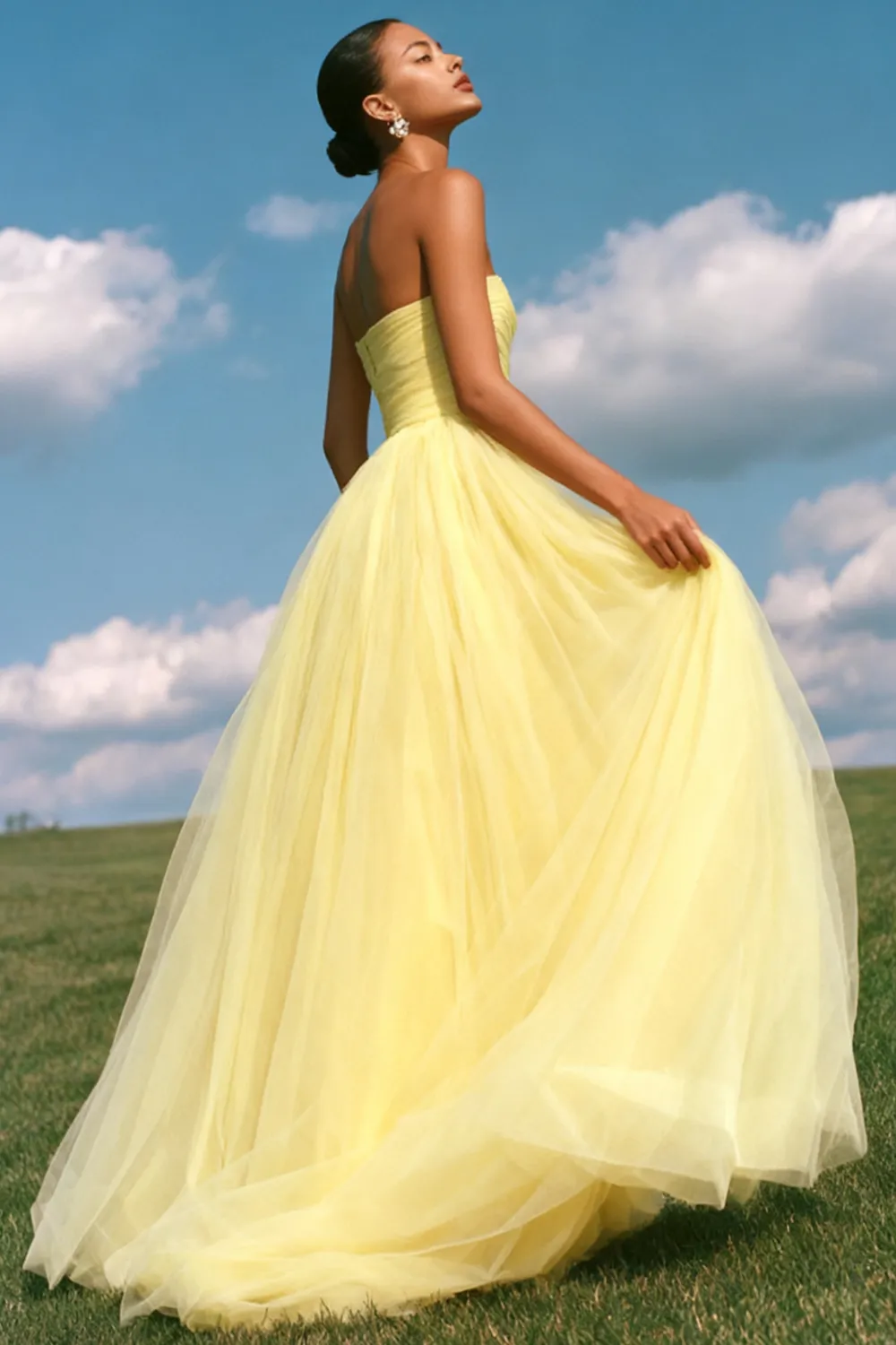 Strapless Light Yellow A Line Organza Long Prom Dress sold by Zapaka product image thumbnail 3