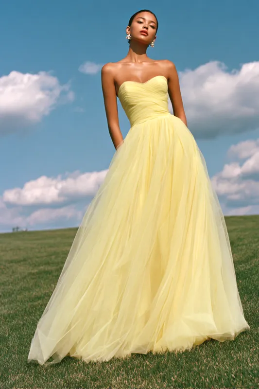 Strapless Light Yellow A Line Organza Long Prom Dress sold by Zapaka