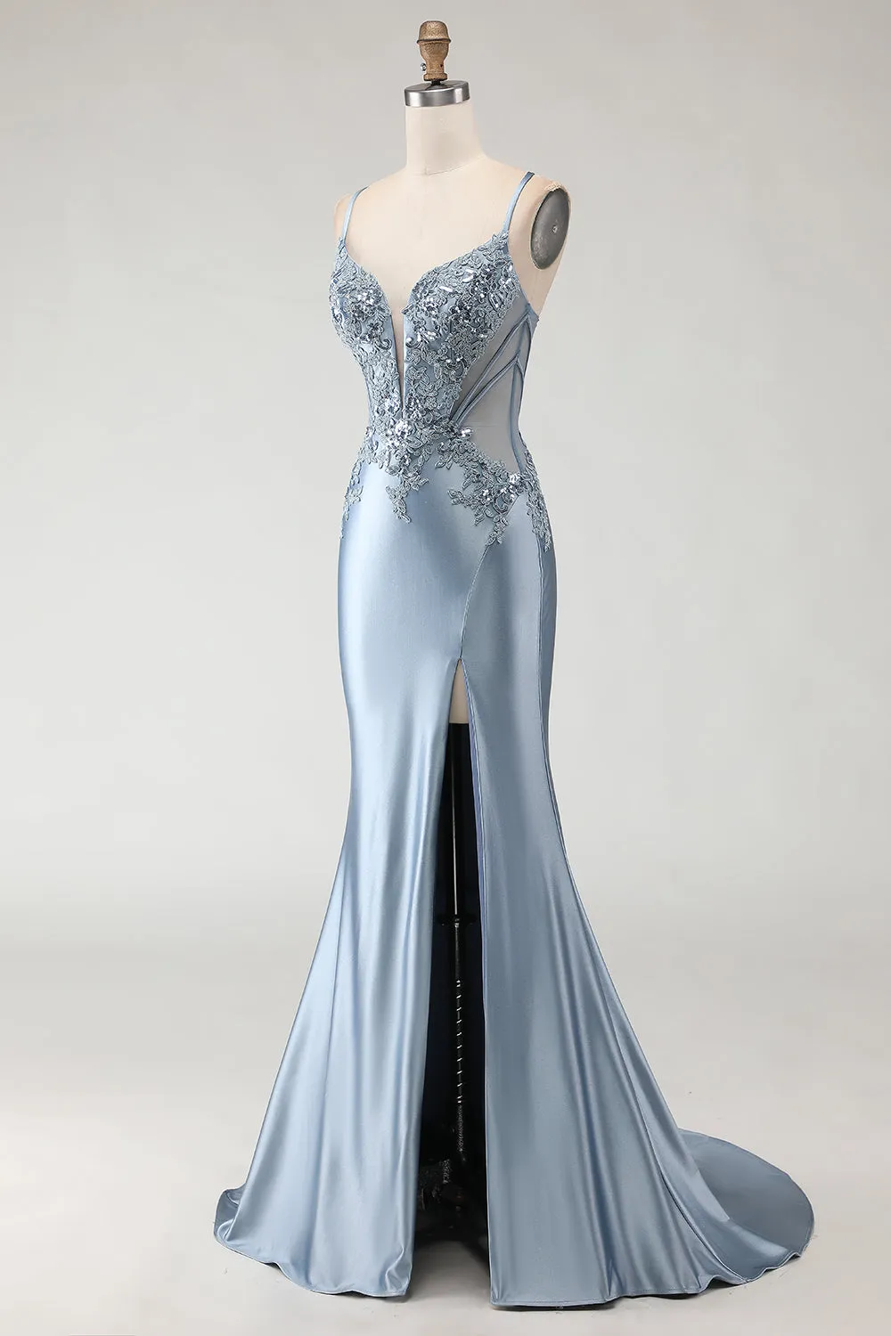 Grey Blue Mermaid Spaghetti Straps Appliqued Satin Long Prom Dress with Slit sold by Zapaka product image thumbnail 3
