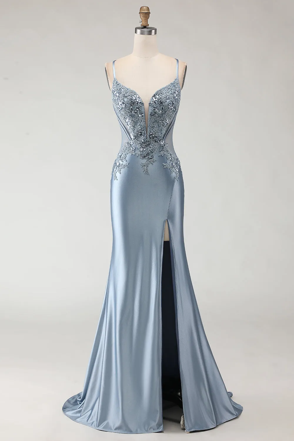 Grey Blue Mermaid Spaghetti Straps Appliqued Satin Long Prom Dress with Slit sold by Zapaka