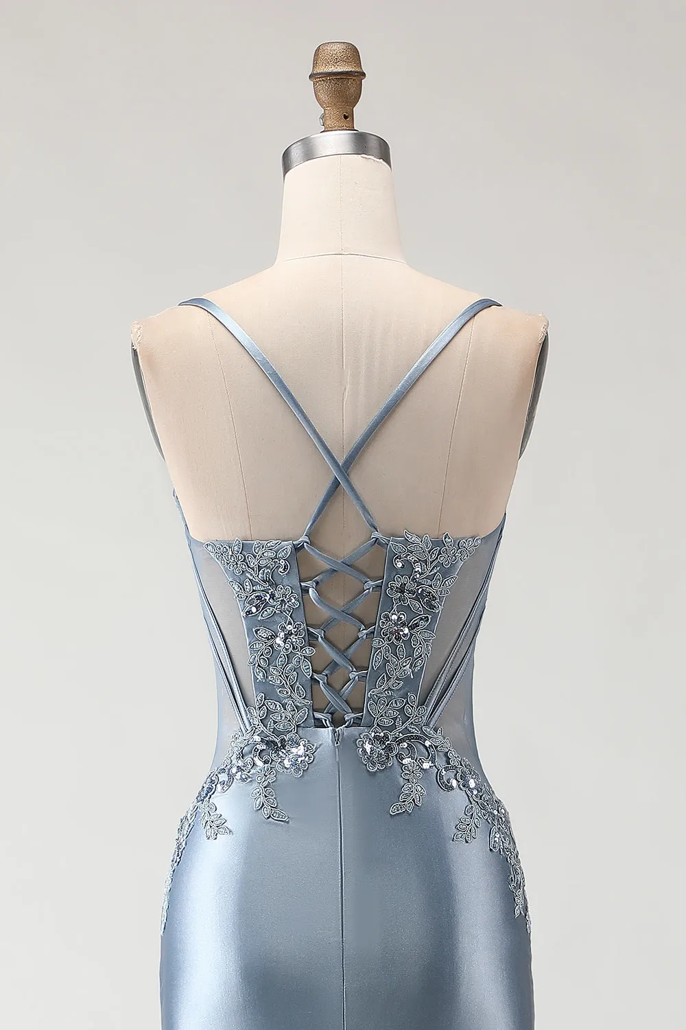 Grey Blue Mermaid Spaghetti Straps Appliqued Satin Long Prom Dress with Slit sold by Zapaka product image thumbnail 5