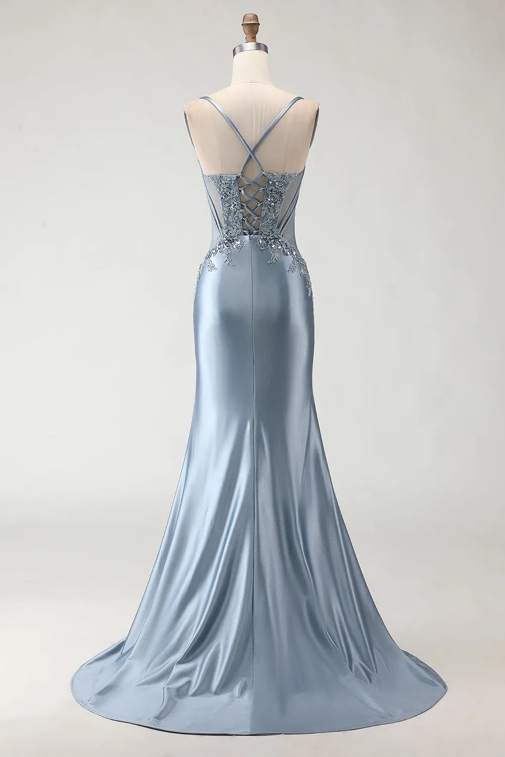 Grey Blue Mermaid Spaghetti Straps Appliqued Satin Long Prom Dress with Slit sold by Zapaka product image thumbnail 2