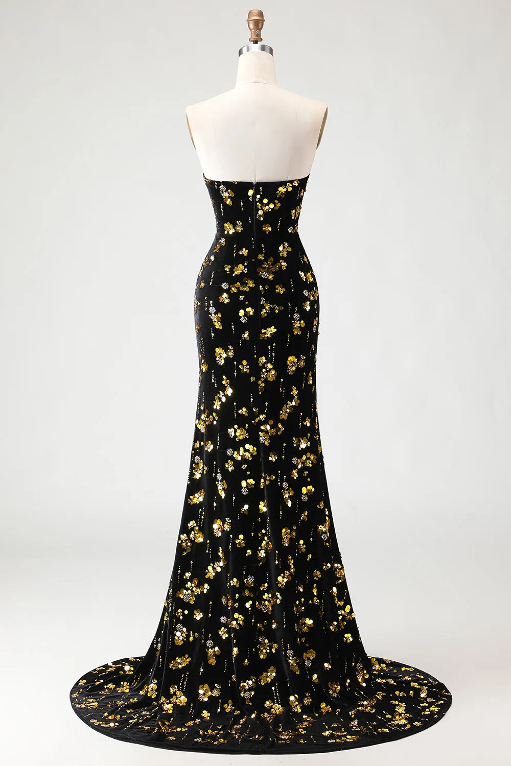 Black and Golden Mermaid Sequin Strapless Corset Velvet Long Prom Dress with Slit sold by Zapaka product image thumbnail 2