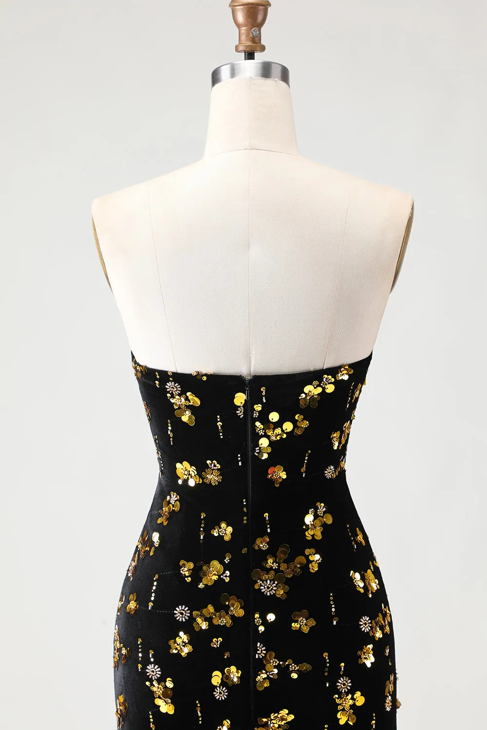 Black and Golden Mermaid Sequin Strapless Corset Velvet Long Prom Dress with Slit sold by Zapaka product image thumbnail 5