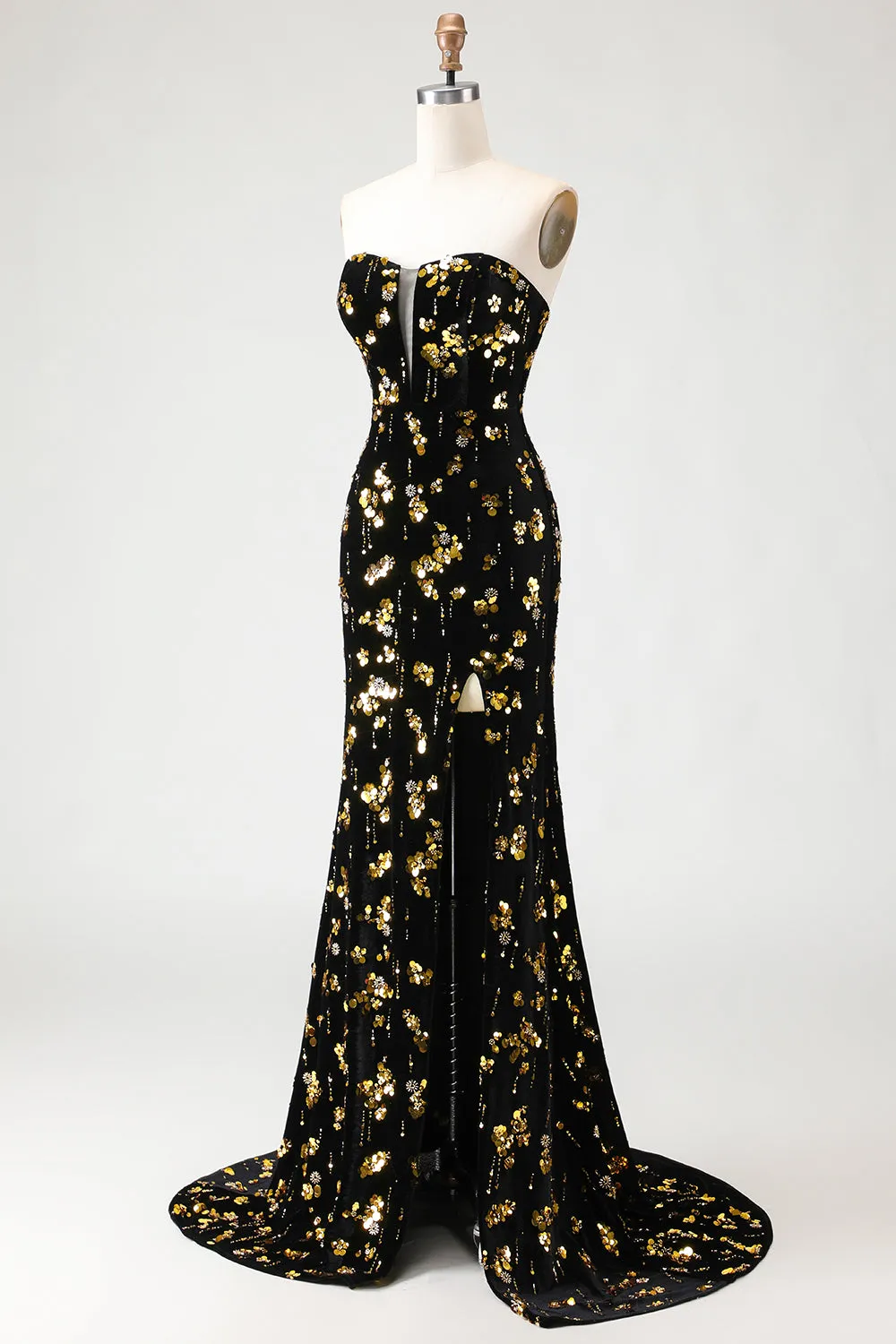 Black and Golden Mermaid Sequin Strapless Corset Velvet Long Prom Dress with Slit sold by Zapaka product image thumbnail 3