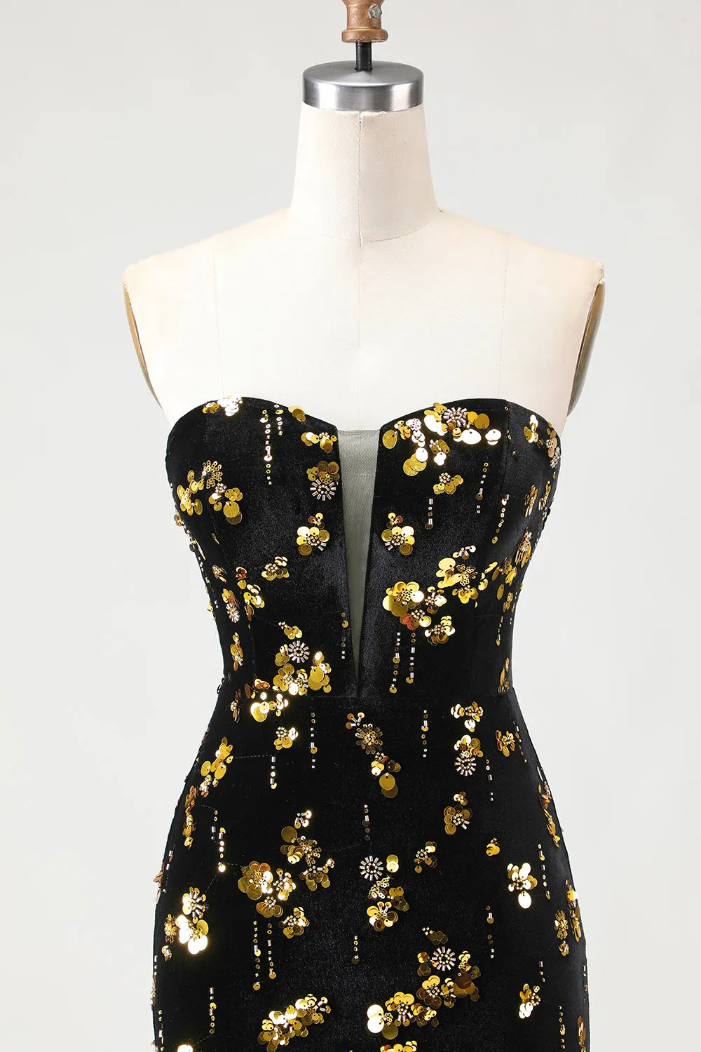 Black and Golden Mermaid Sequin Strapless Corset Velvet Long Prom Dress with Slit sold by Zapaka product image thumbnail 4