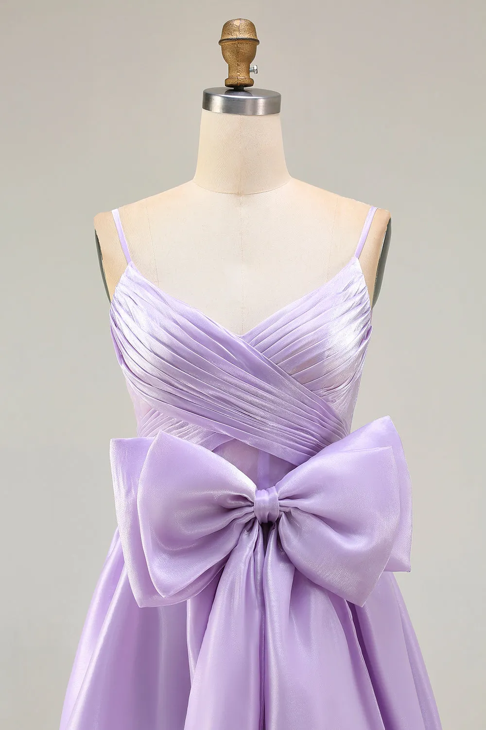 Lilac A Line Spaghetti Straps Pleated Satin Long Prom Dress with Bow sold by Zapaka product image thumbnail 4