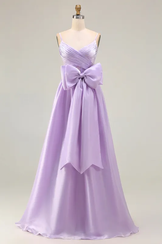 Lilac A Line Spaghetti Straps Pleated Satin Long Prom Dress with Bow sold by Zapaka