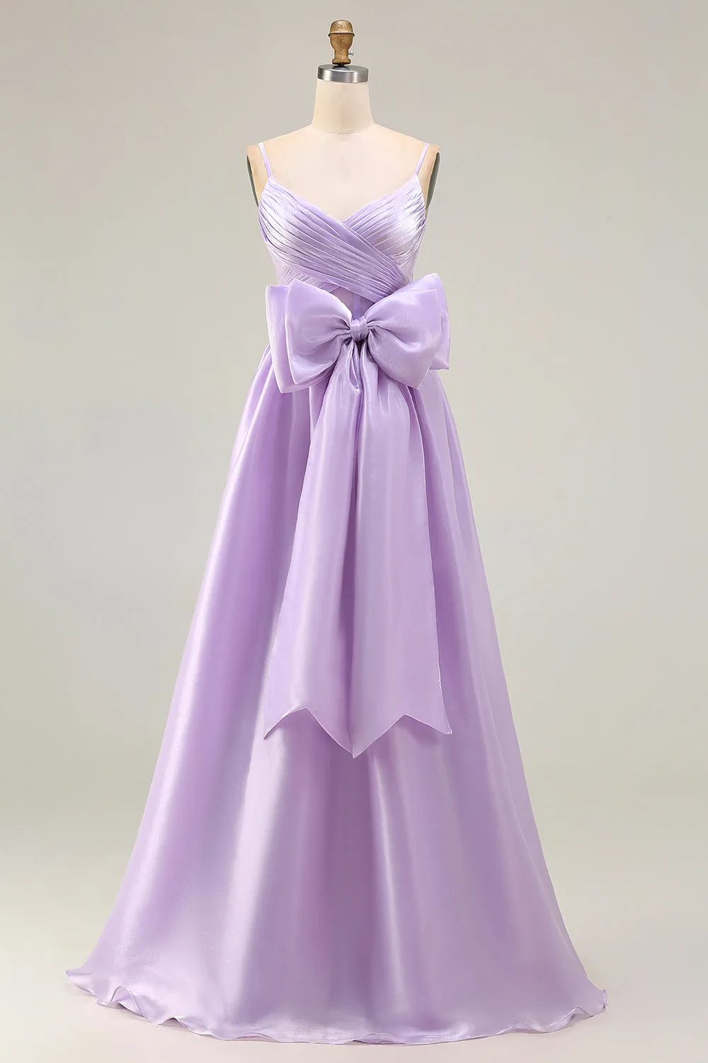 Lilac A Line Spaghetti Straps Pleated Satin Long Prom Dress with Bow sold by Zapaka
