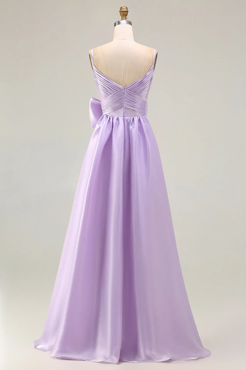 Lilac A Line Spaghetti Straps Pleated Satin Long Prom Dress with Bow sold by Zapaka product image thumbnail 2