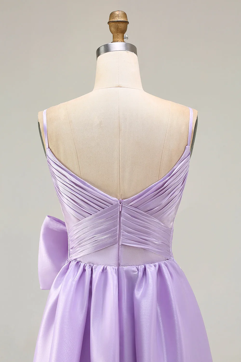 Lilac A Line Spaghetti Straps Pleated Satin Long Prom Dress with Bow sold by Zapaka product image thumbnail 5