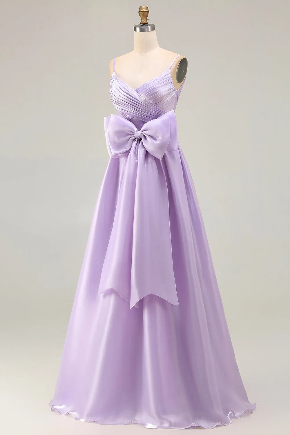 Lilac A Line Spaghetti Straps Pleated Satin Long Prom Dress with Bow sold by Zapaka product image thumbnail 3