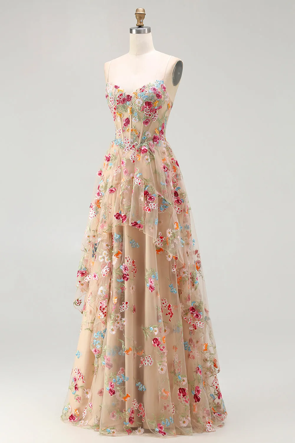 Champagne Flower A Line Corset Ruffle Long Prom Dress with Slit sold by Zapaka product image thumbnail 3